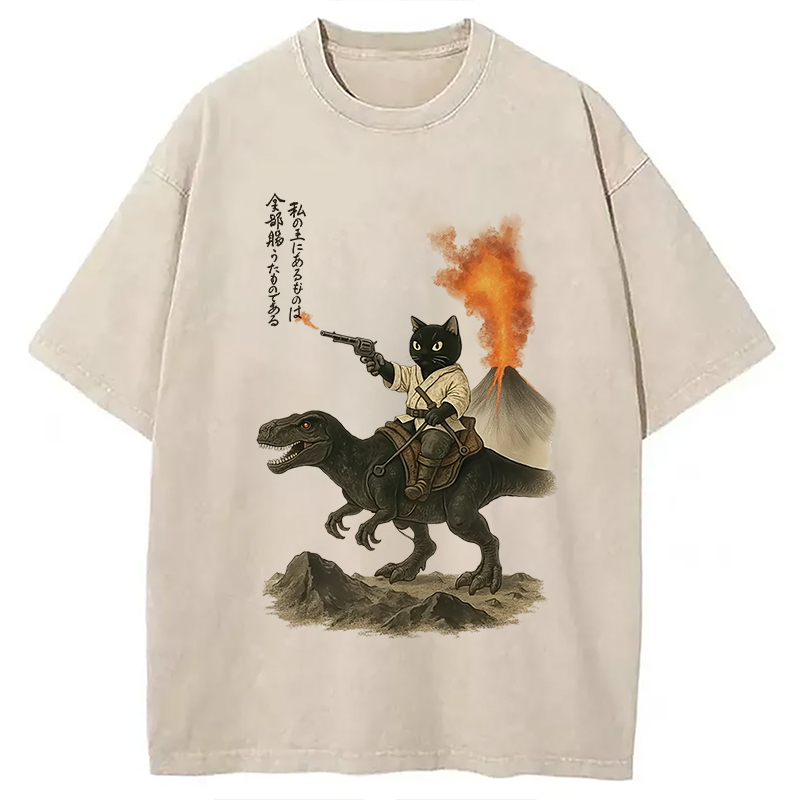 Modecanvas Cat Riding A Dinosaur Washed T-Shirt