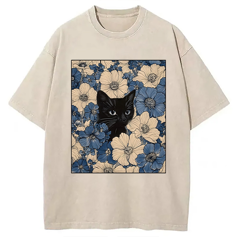 Modecanvas Cat In The Flowers Washed T-Shirt