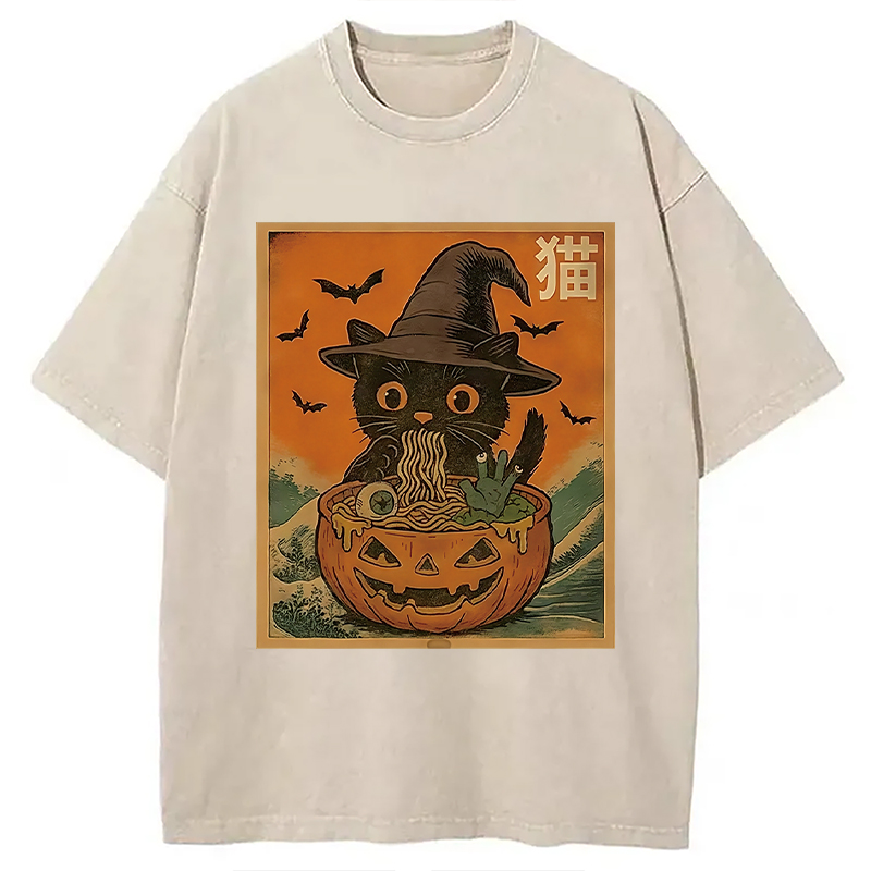 Modecanvas Halloween Cat Eating Ramen Washed T-Shirt