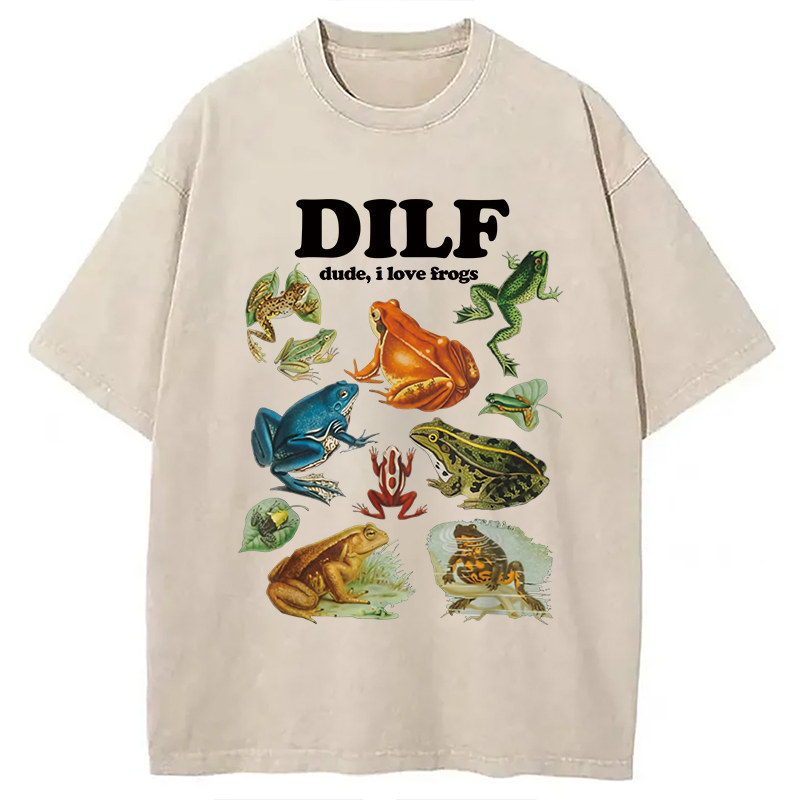 Modecanvas Dude I Love Frog Washed T-Shirt-modecanvas