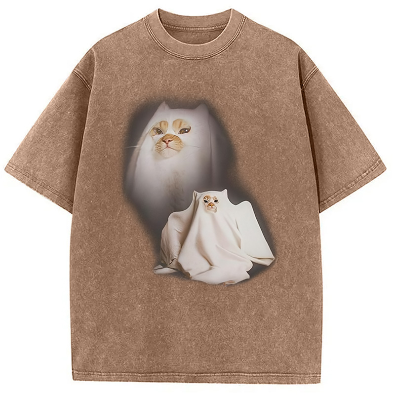 Modecanvas Ghost Cat Meme DTG Printing Washed T-Shirt-modecanvas