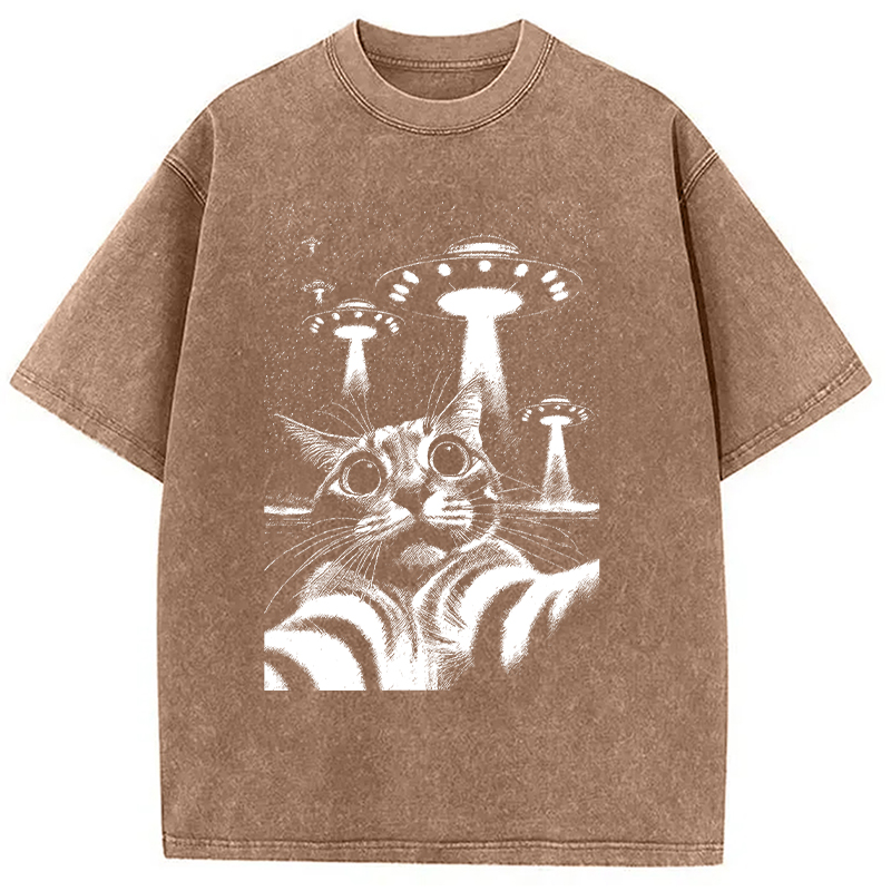 Modecanvas Alien Come For Cat DTG Printing Washed T-Shirt-modecanvas