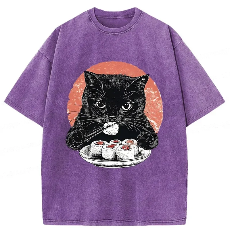 Modecanvas Cat Eating Delicious Sushi Washed T-Shirt