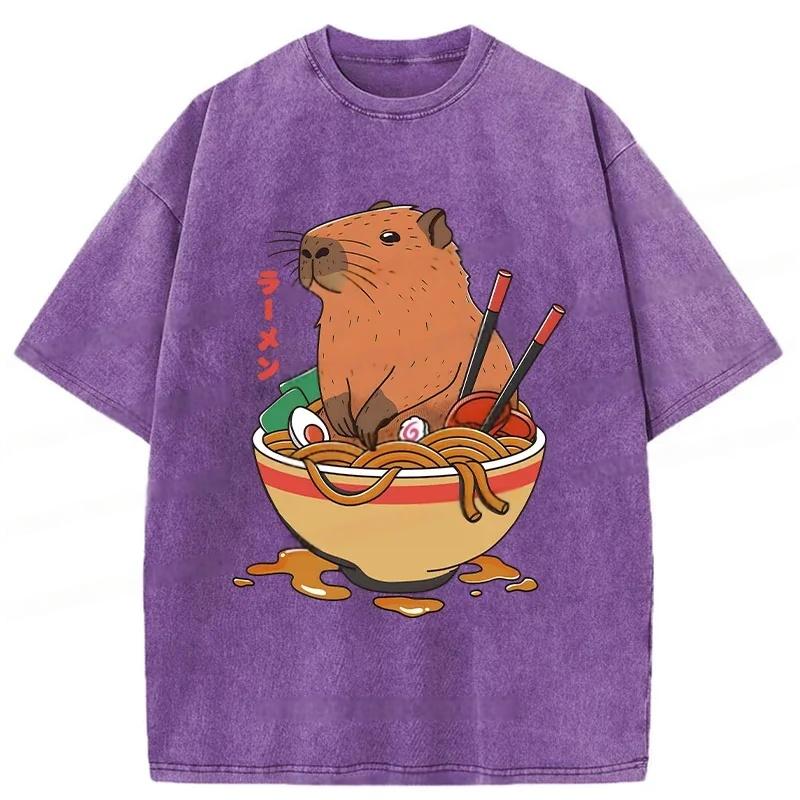 Modecanvas Capybara Ramen Funny Washed T-Shirt-modecanvas