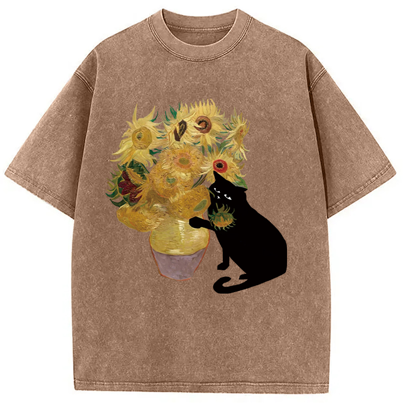 Modecanvas Cat Stealing Flowers Washed T-Shirt