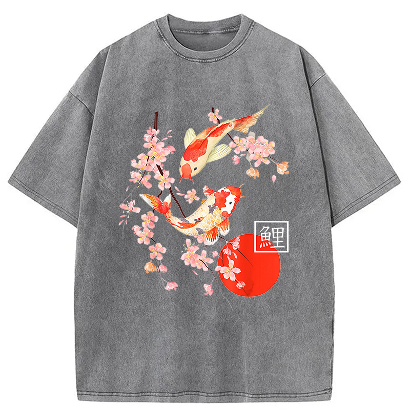 Modecanvas Cherry Blossom Koi Carp Fish Japanese Sakura Washed T-Shirt