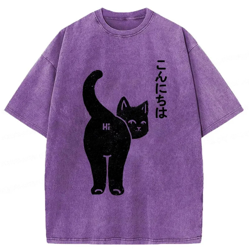 Modecanvas Cat Saying Hi Washed T-Shirt