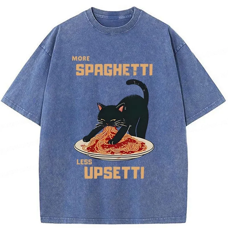 Modecanvas Cat Eating Spaghetti Funny Washed T-Shirt-modecanvas
