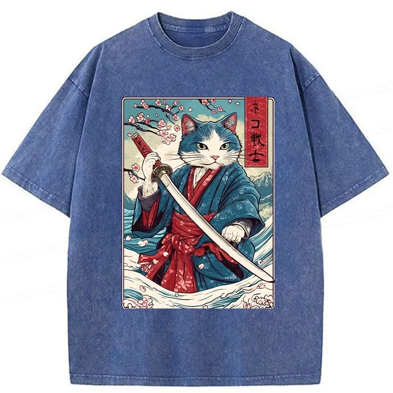 Modecanvas Japanese Cat Samurai Washed T-Shirt