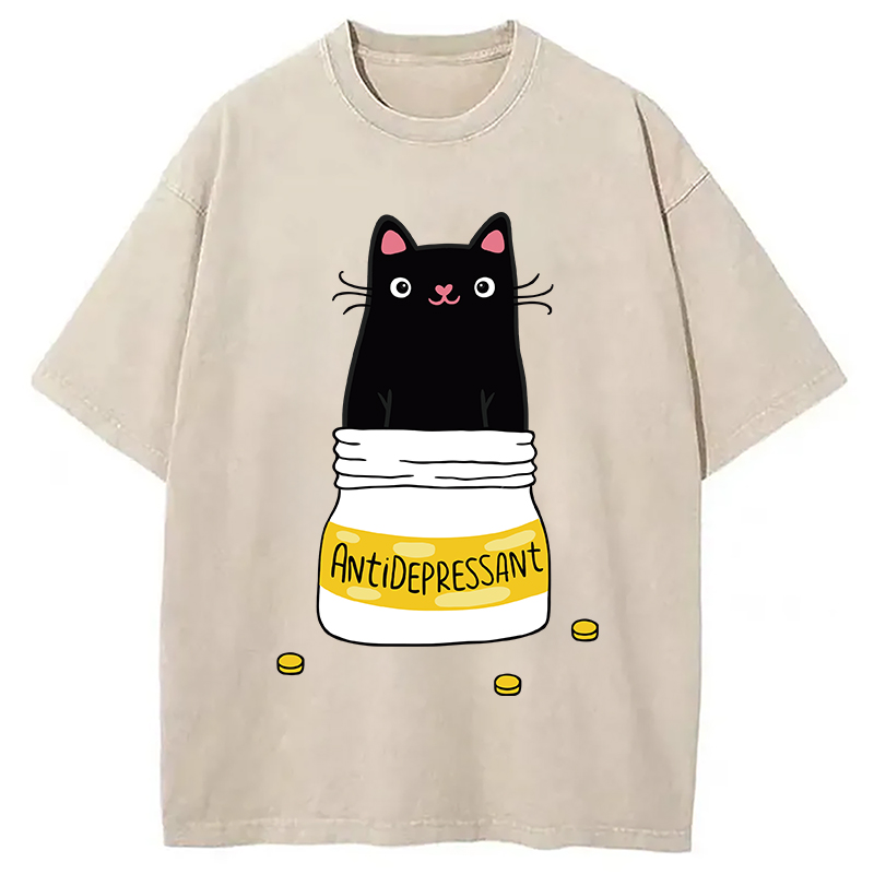 Modecanvas Cute Cat Antidepressant Funny Meme Washed T-Shirt