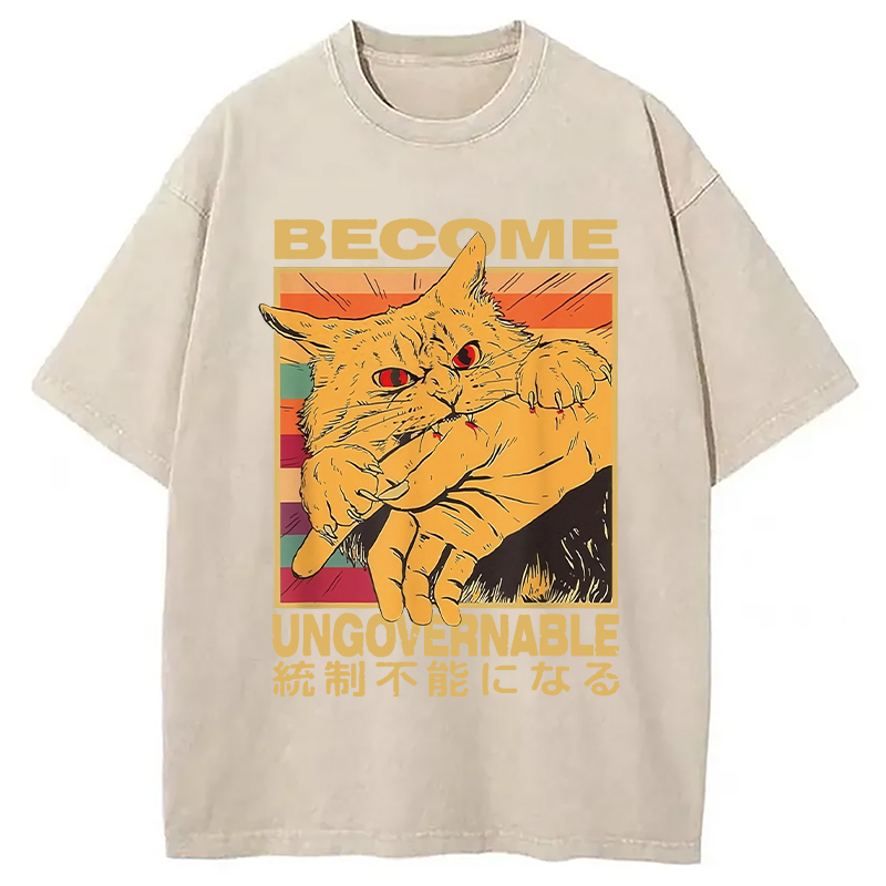 Modecanvas Become Ungovernable Funny Japanese Cat Bite Washed T-Shirt