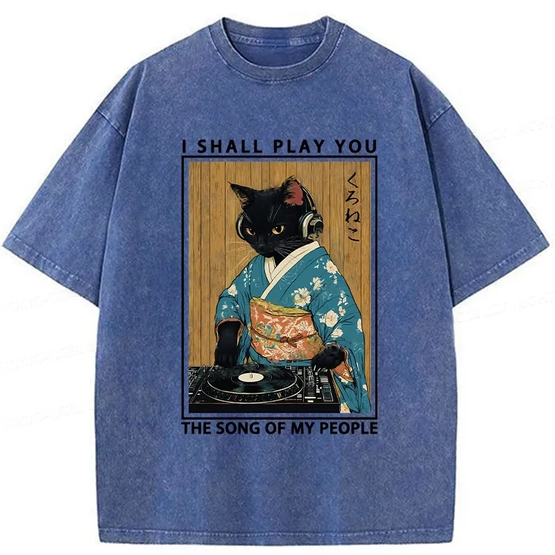 Modecanvas Funny Playing Music Black Cat Washed T-Shirt-modecanvas