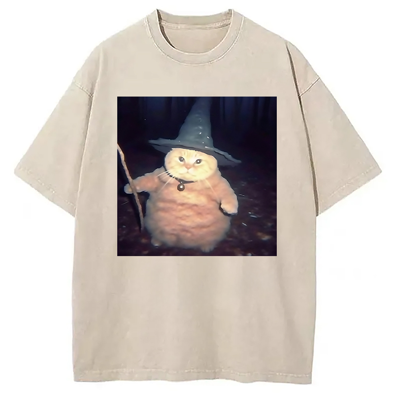 Modecanvas Wizard Cat Funny Halloween Washed T-Shirt-modecanvas