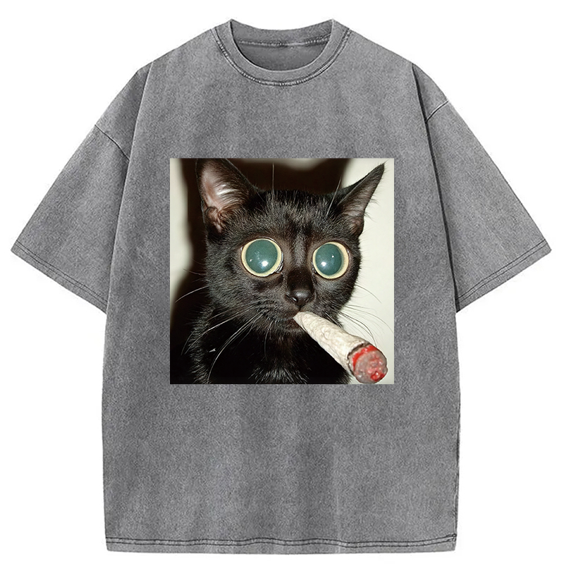 Modecanvas Little Kitten Funny Smoking DTG Printing Washed T-Shirt-modecanvas