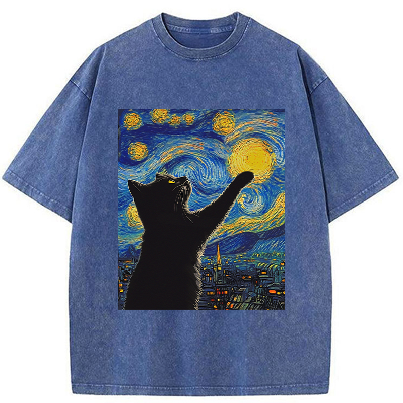Modecanvas Black Cat Touch The Moon Washed T-Shirt