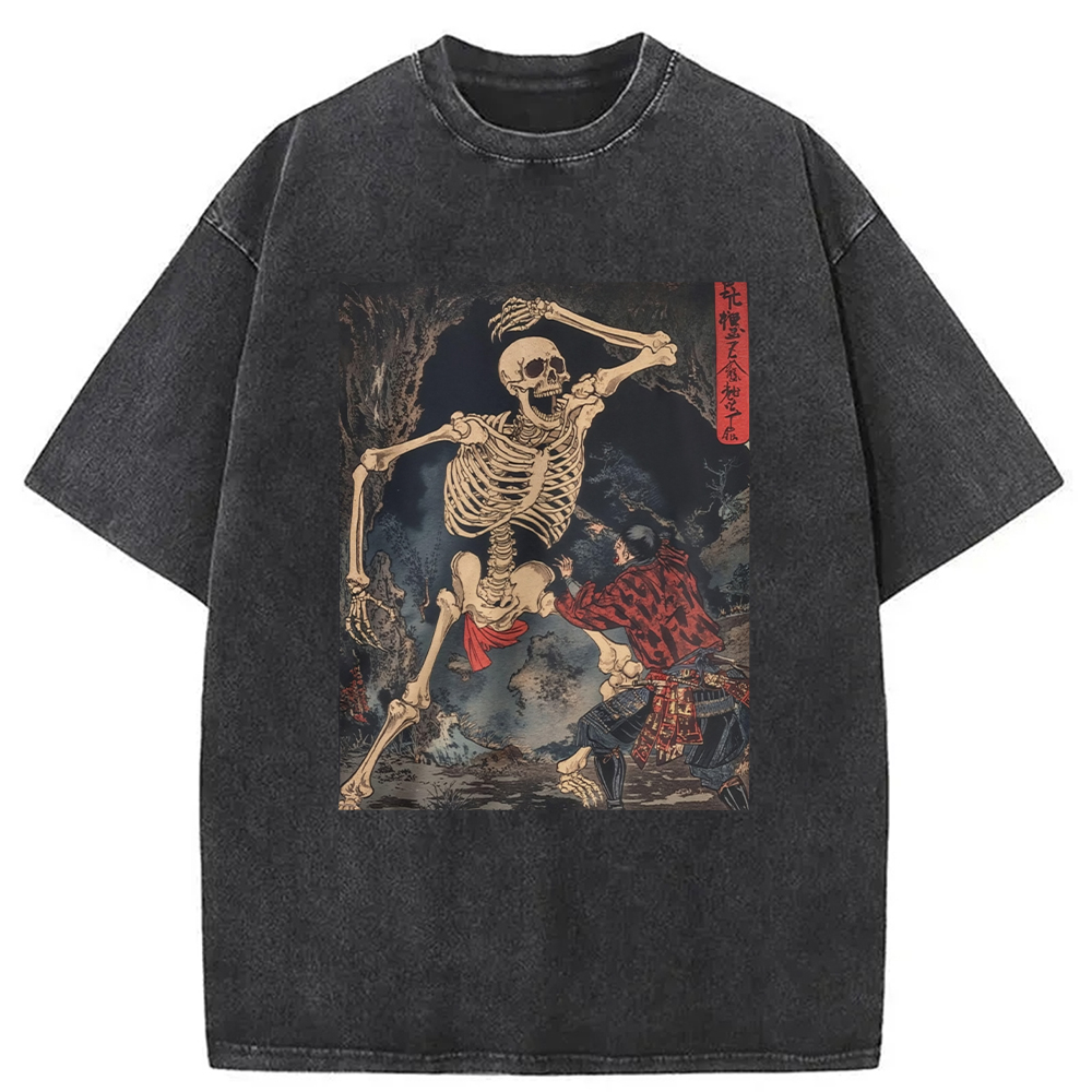 Modecanvas Japanese Horror Skeleton DTG Printing Washed T-Shirt-modecanvas