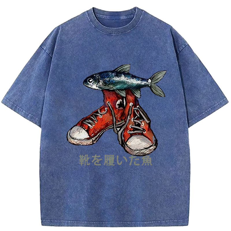 Modecanvas Fish Wearing Shoes Washed T-Shirt