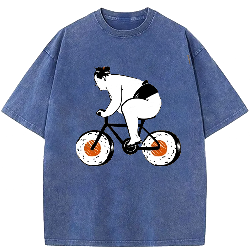 Modecanvas Sumo Riding A Sushi Bike Washed T-Shirt