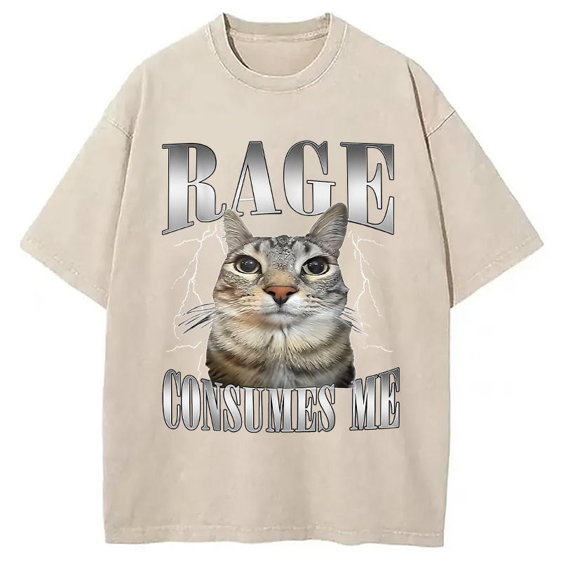 Modecanvas Rage Consumes Me Funny Cat Washed T-Shirt