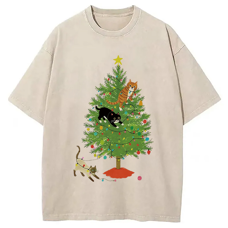 Modecanvas Cats Playing On The Christmas Tree Washed T-Shirt