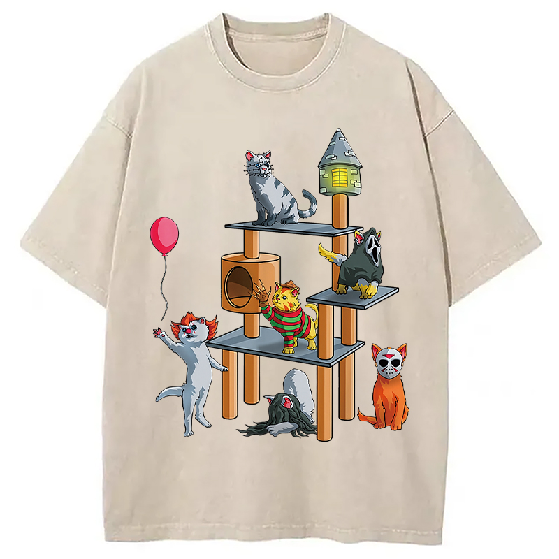 Modecanvas Funny Cat Horror Movies Cute Halloween Washed T-Shirt