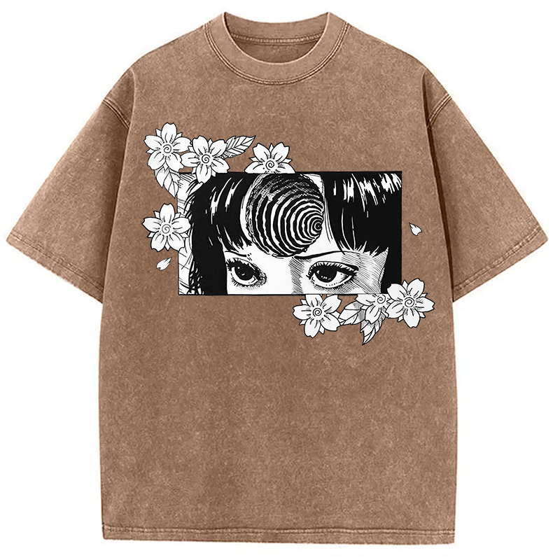 Modecanvas Girl and Flowers DTG Printing Washed T-Shirt-modecanvas
