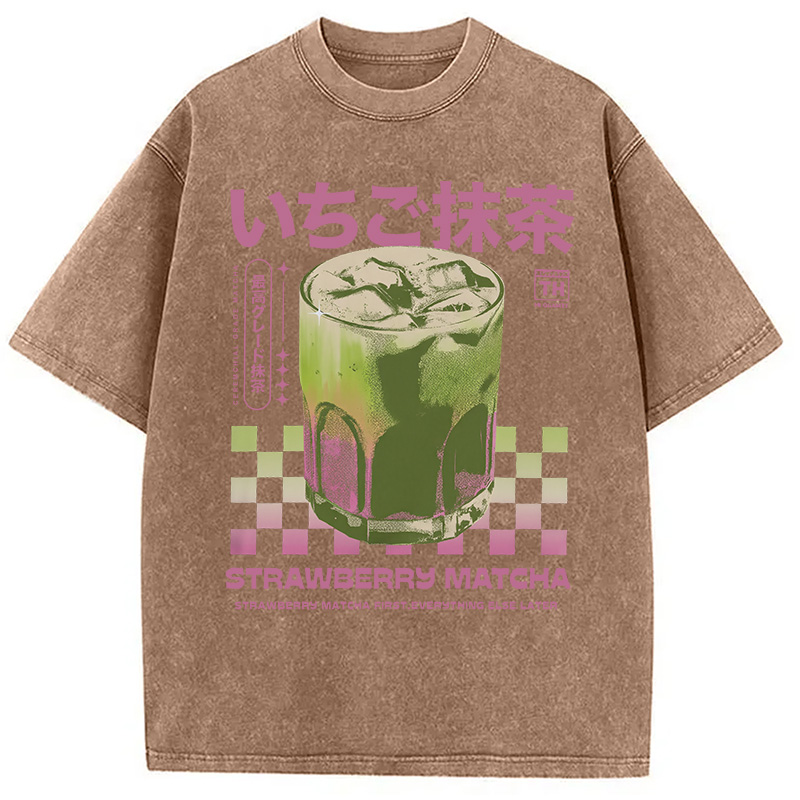 Modecanvas Strawberry Matcha Drink Washed T-Shirt