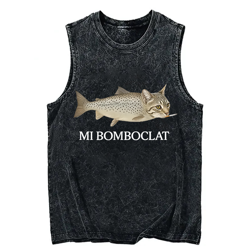 Modecanvas Bomboclat Fish Cat Meme DTG Printing Washed Tank-modecanvas