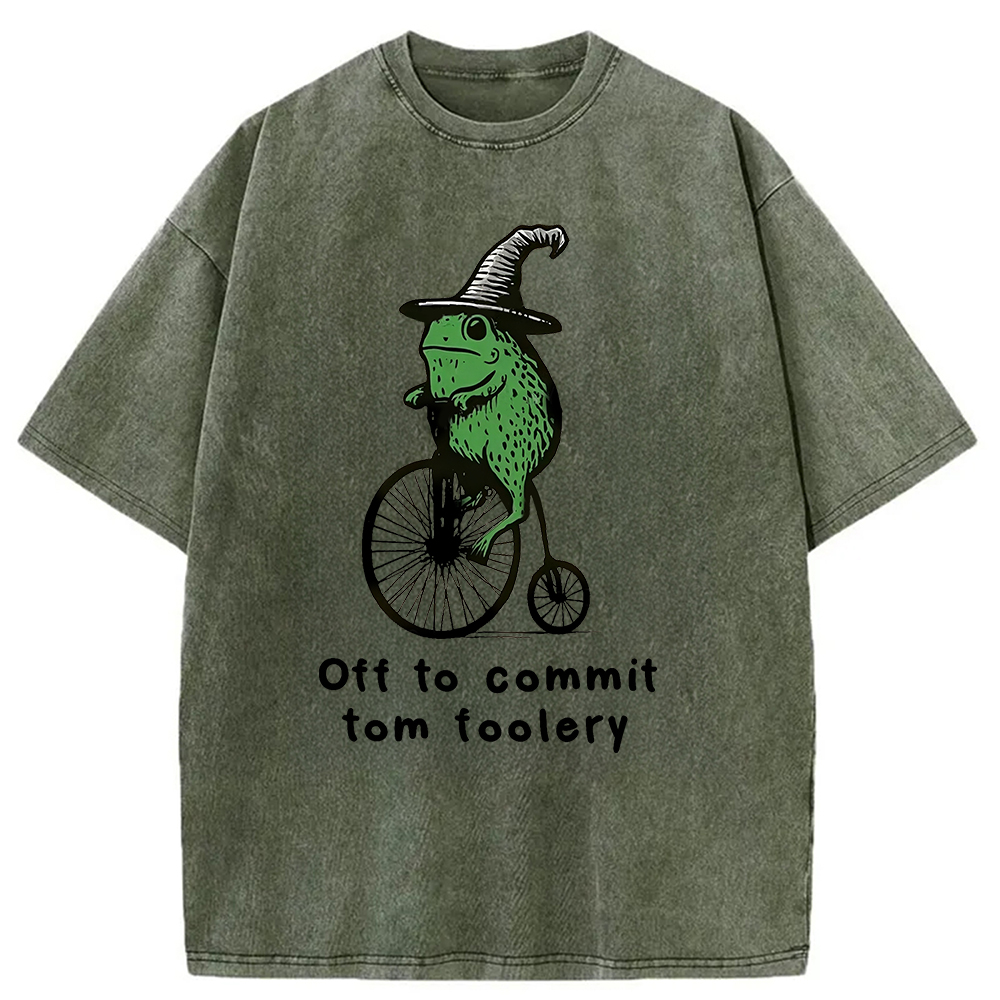 Modecanvas Frog Riding Penny-farthing Washed T-Shirt-modecanvas