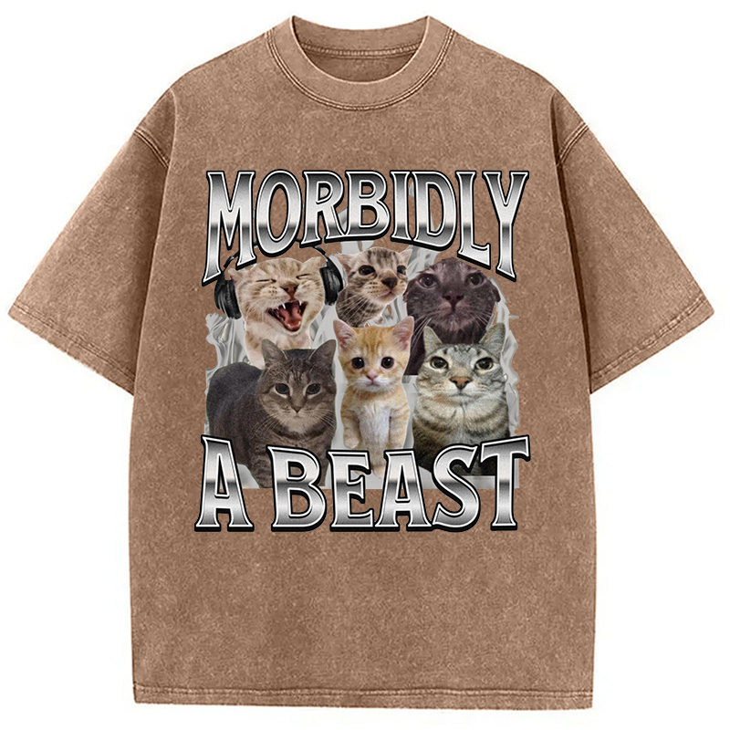 Modecanvas Morbidly A Beast Cat Meme Washed T-Shirt