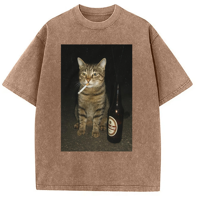Modecanvas Vintage Cigarette Kitty Meme Washed T-Shirt-modecanvas