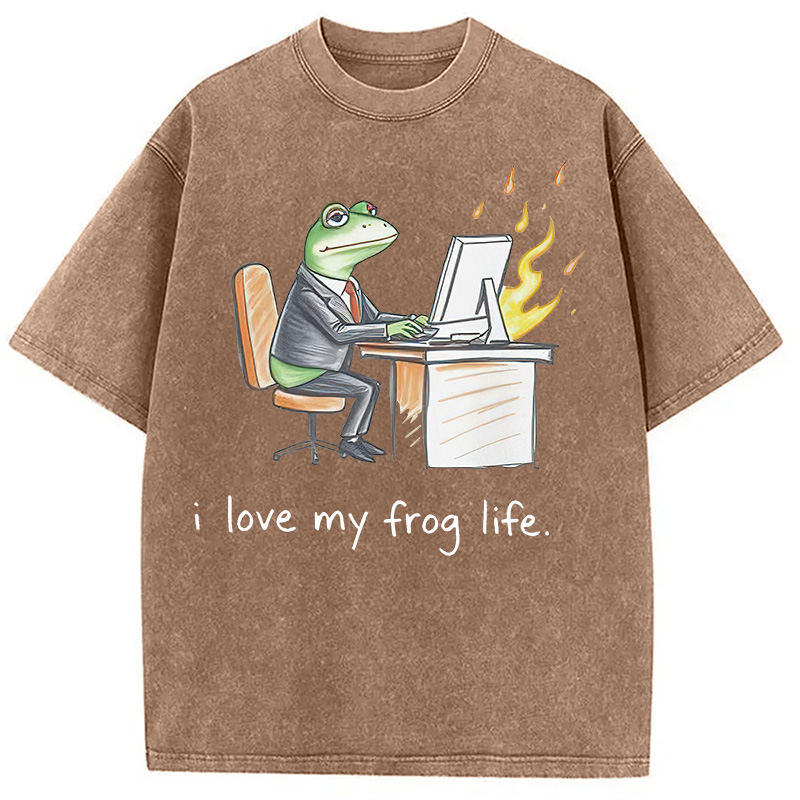 Modecanvas Office Burnout Funny Frog Meme Washed T-Shirt