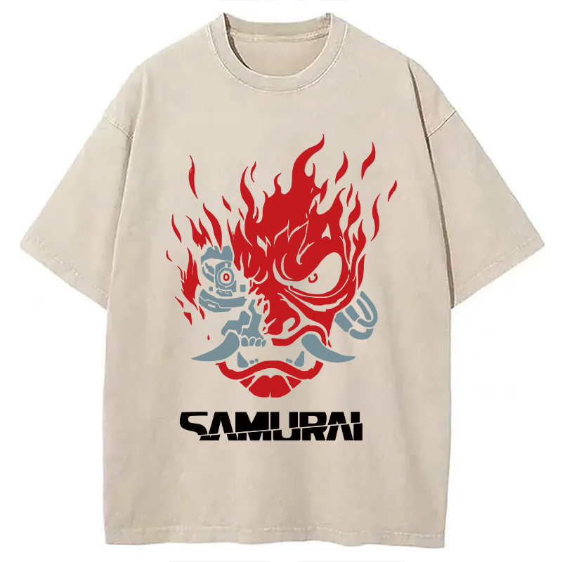 Modecanvas Vintage Samurai Retro Japanese DTG Printing Washed T-Shirt-modecanvas