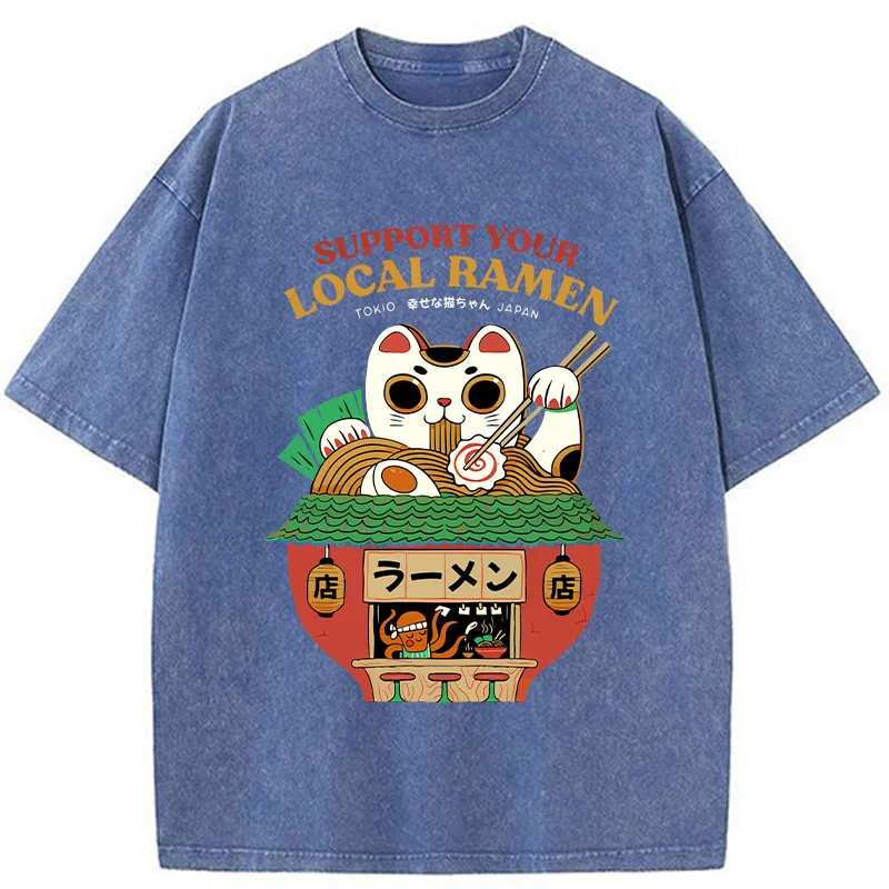 Modecanvas Lucky Cat Eating Ramen Mic Washed T-Shirt
