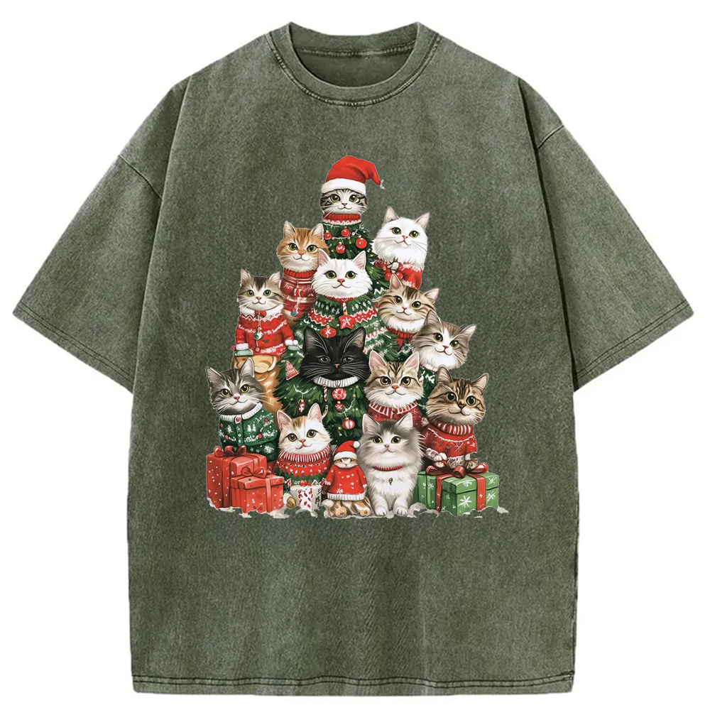 Modecanvas Christmas Cat Tree Washed T-Shirt