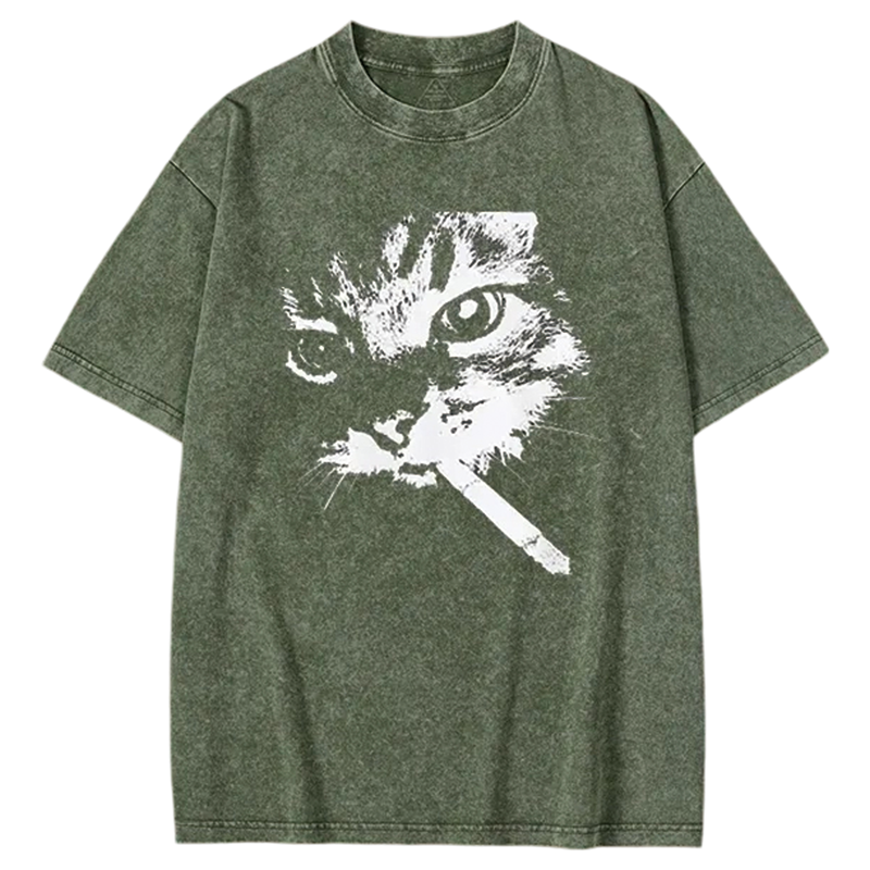 Modecanvas Funny Cat Meme Washed T-shirt-modecanvas