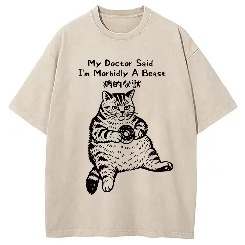 Modecanvas Lazy Fat Cat Washed T-Shirt-modecanvas