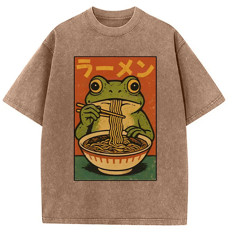 Modecanvas Frog Eating Ramen Retro Washed T-Shirt