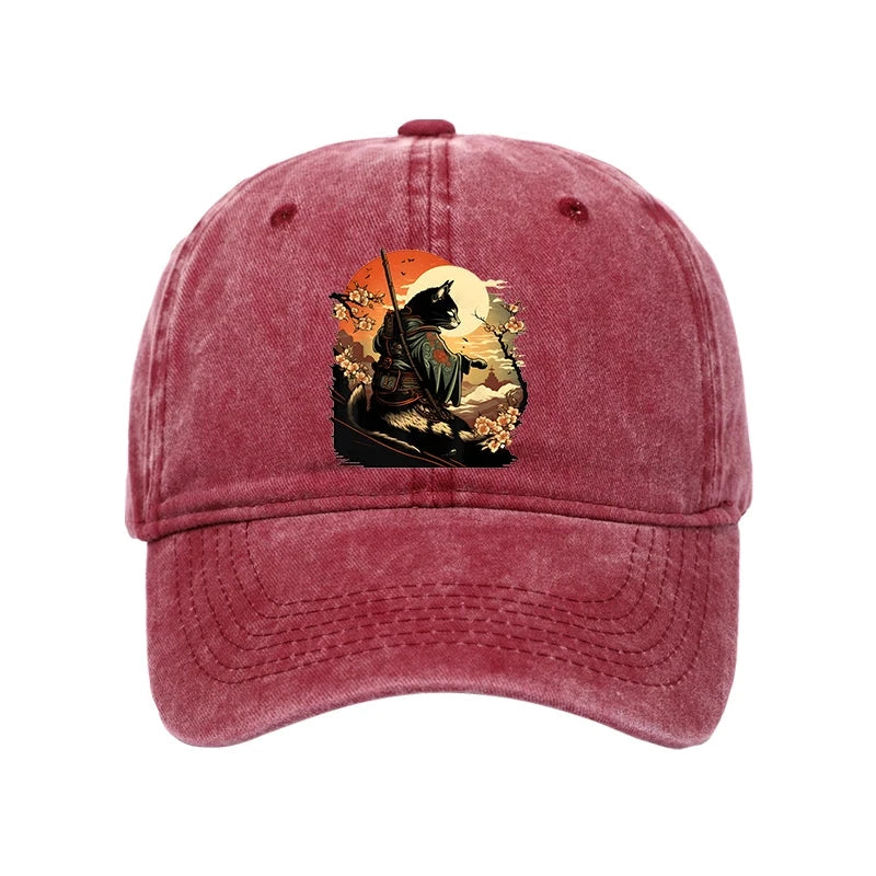 Modecanvas Cat Ninja Ukiyo-e Anime Style Samurai Washed Cap-modecanvas
