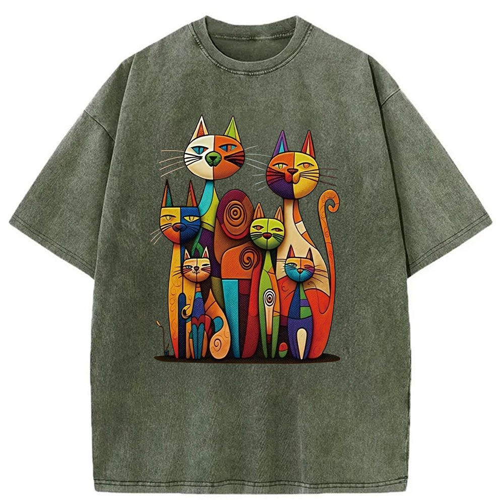 Modecanvas The Da Vinci Cat Family Washed T-Shirt