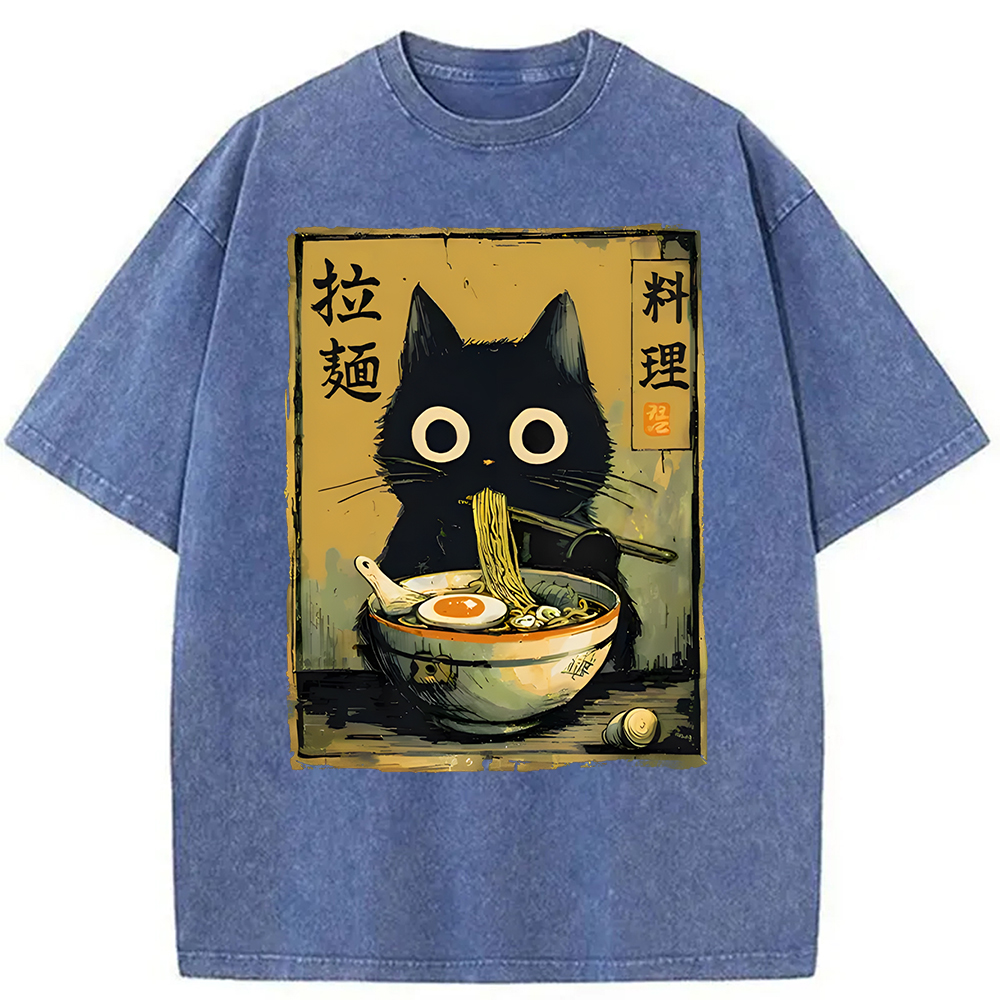 Modecanvas Cute Black Cat Eating Ramen Washed T-Shirt-modecanvas
