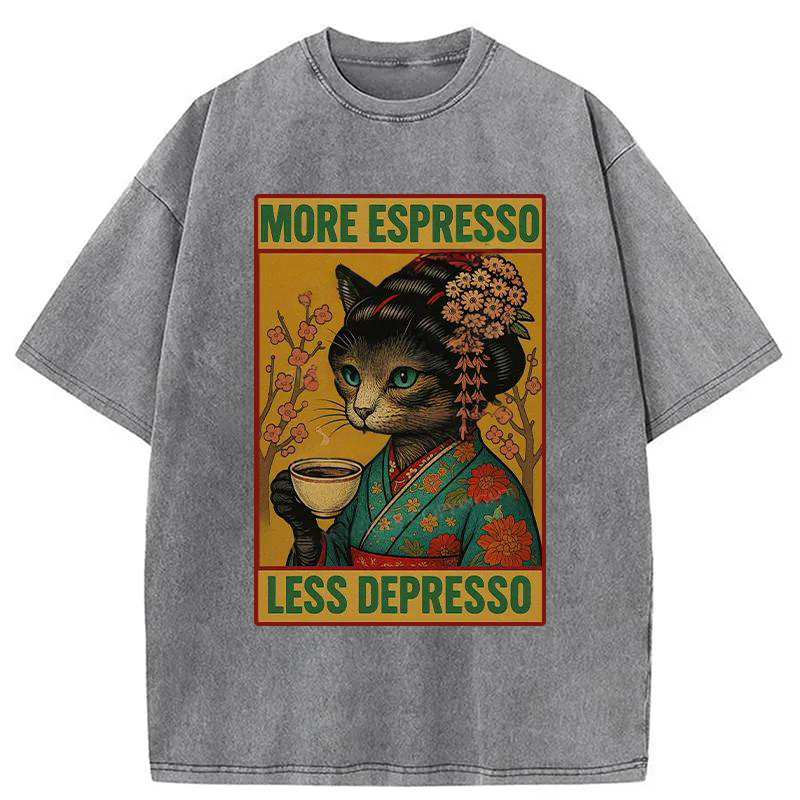 Modecanvas Geisha Cat Drinking Coffee Washed T-Shirt