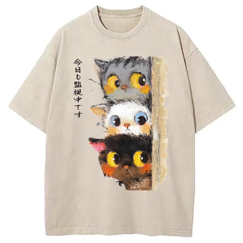 Modecanvas Three Cats Secretly Monitor Washed T-Shirt