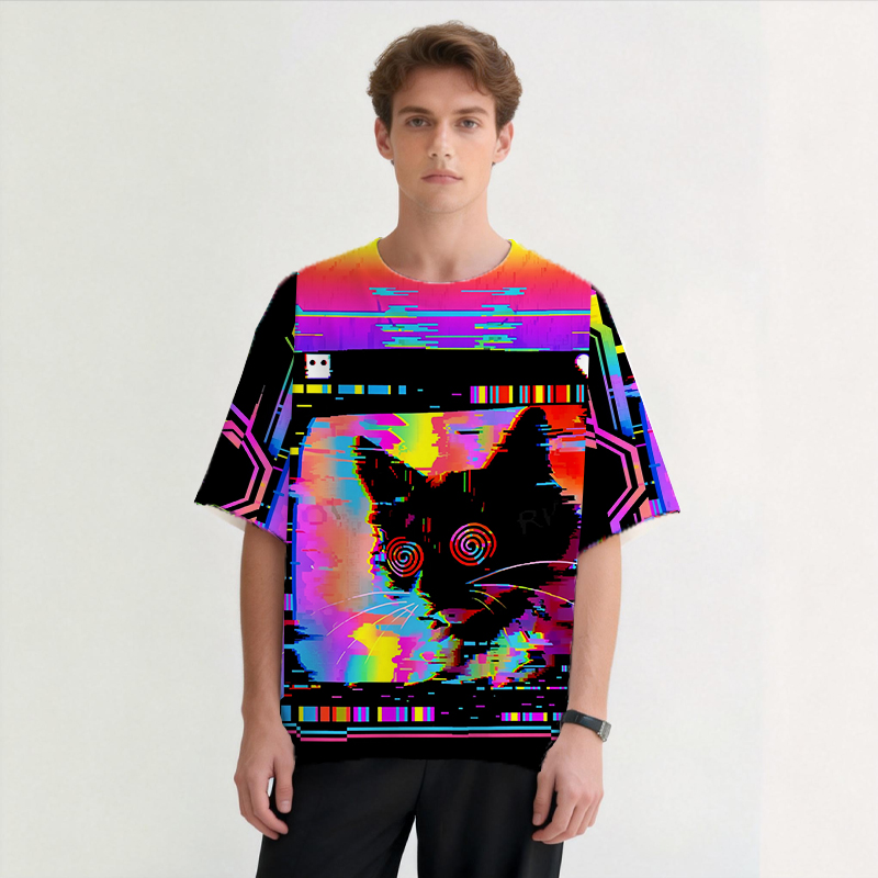 Modeocanvas Glitchy Cat Vibes All Over Print T-shirt-modecanvas