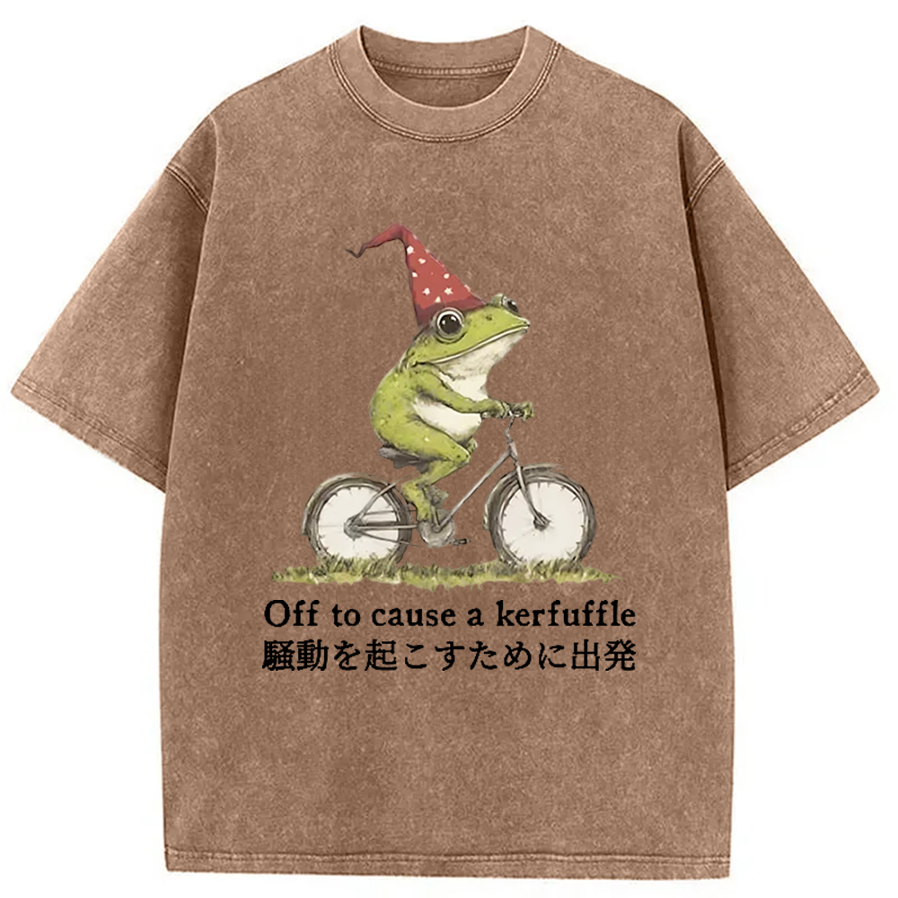 Modecanvas Frog Riding A Bicycle Washed T-Shirt