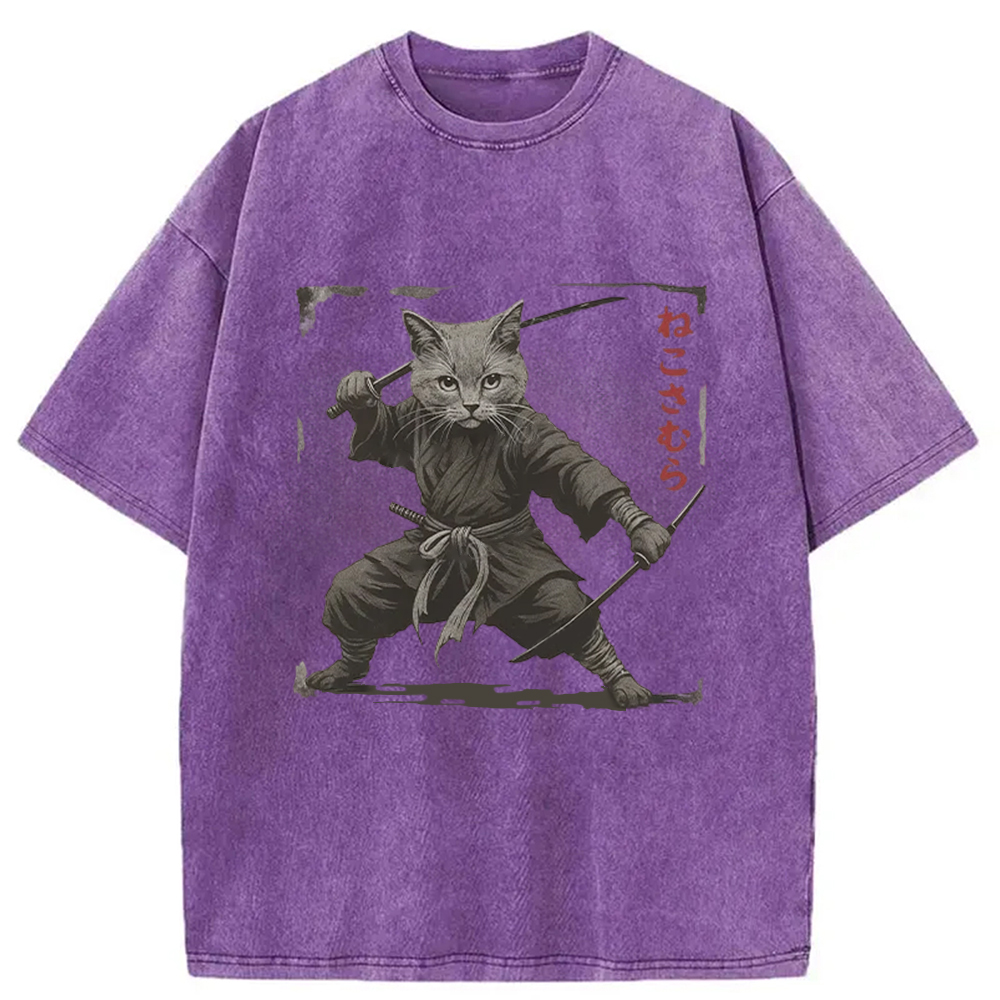 Modecanvas Handsome Cat Samurai Washed T-Shirt