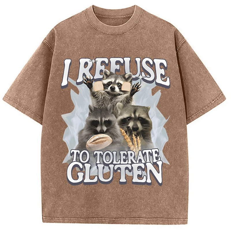 Modecanvas Refuse to Tolerate Gluten Funny Raccoon Meme Washed T-Shirt