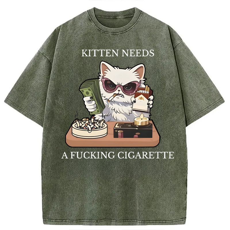 Modecanvas Kitten Needs A Fucking Cigarette DTG Printing Washed T-Shirt
