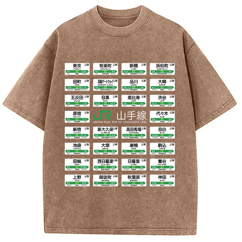 Modecanvas Yamanote Line Train Stations All DTG Printing Washed T-Shirt