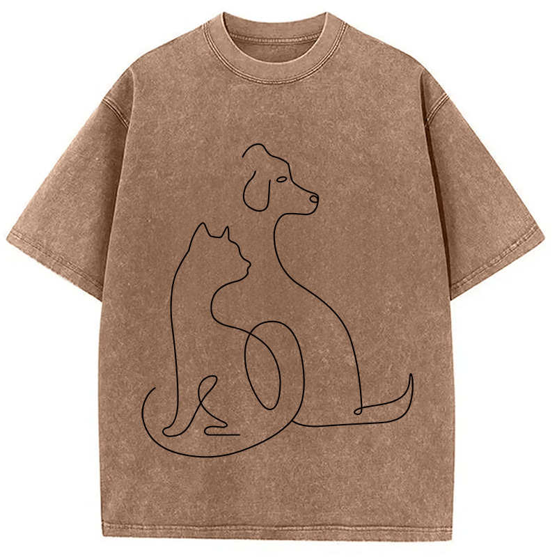 Modecanvas Minimalist Cat and Dog DTG Printing Washed T-Shirt